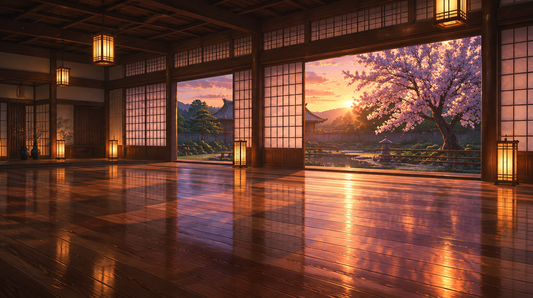 Anime style illustration of an empty Japanese training hall at dusk