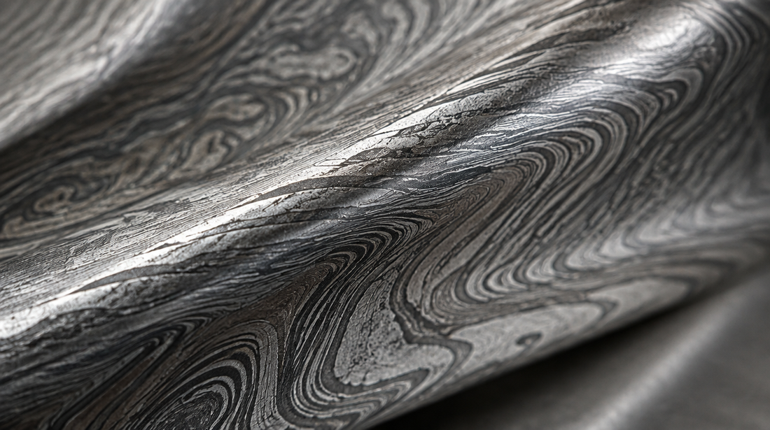 Macro view of folded Damascus steel grain pattern