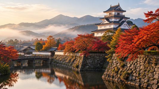 Japanese castle keep above autumn maple trees and a moat