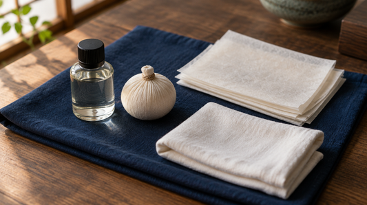 Japanese blade care kit: oil bottle, powder ball and rice paper on indigo cloth