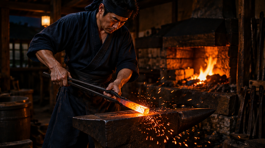 Blacksmith forging glowing steel in a traditional Japanese forge