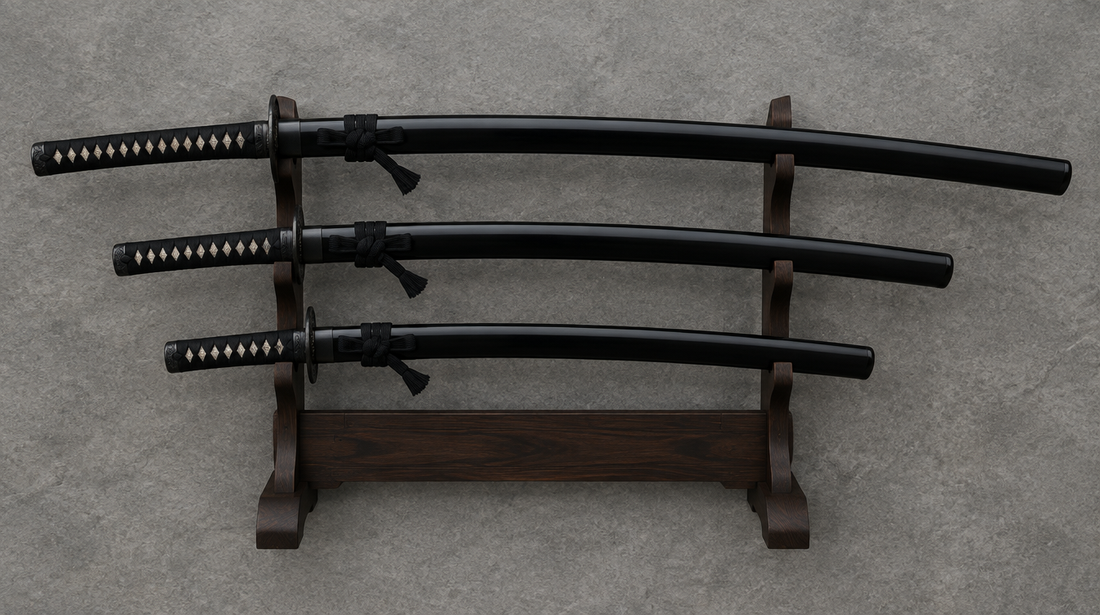 Three sheathed Japanese swords of different lengths on a wooden rack