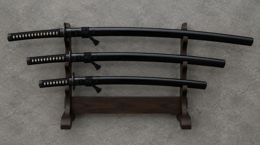 Three sheathed Japanese swords of different lengths on a wooden rack