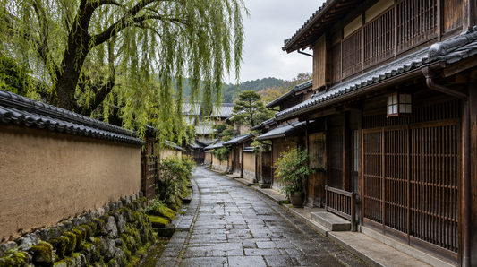 Preserved historic samurai district street with earthen walls in Japan