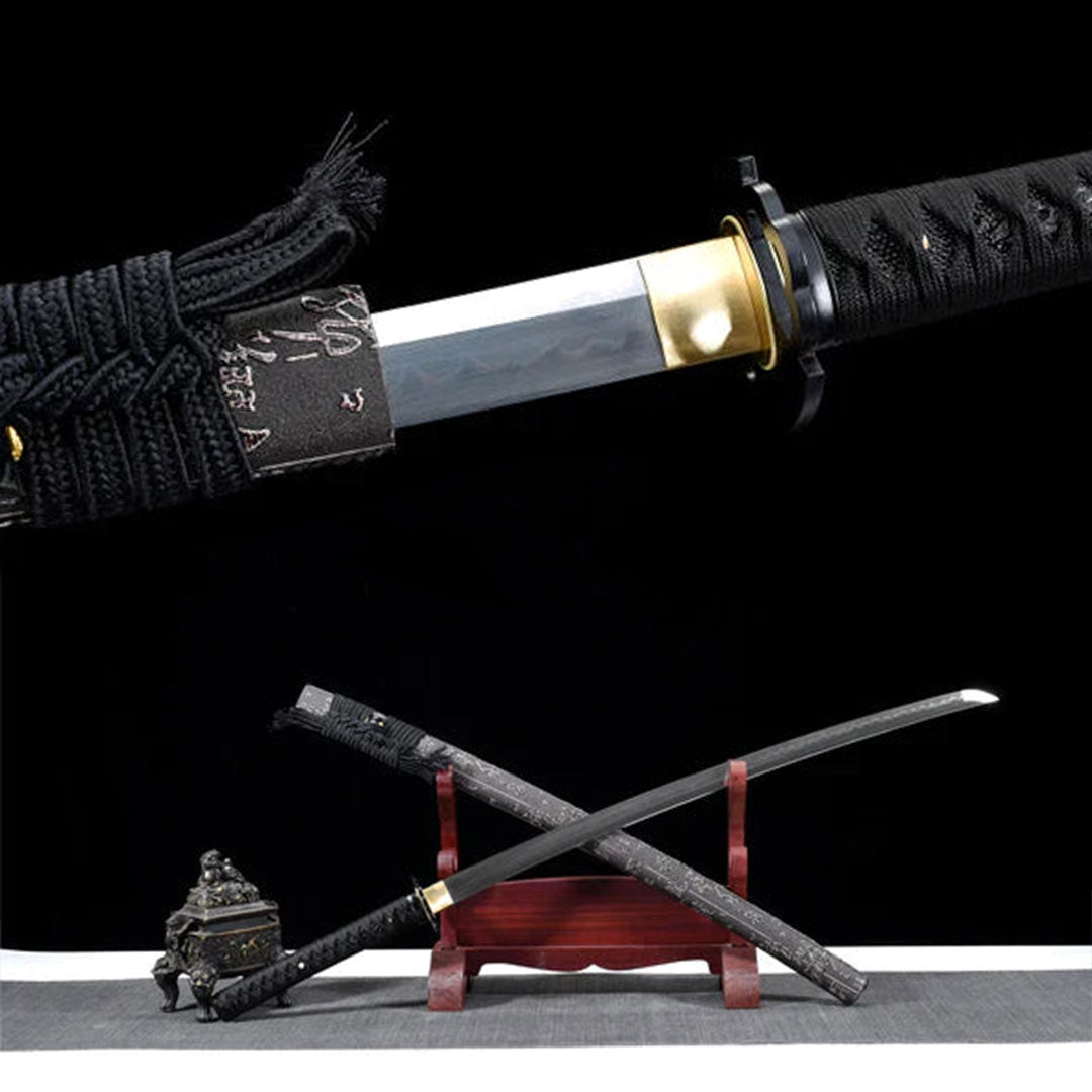 Ghost katana, hand-forged samurai sword with sculpted iron tsuba