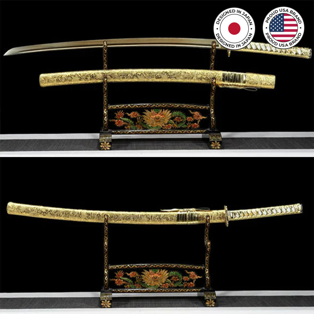 Golden Dragon katana with golden blade and dragon design, view 2