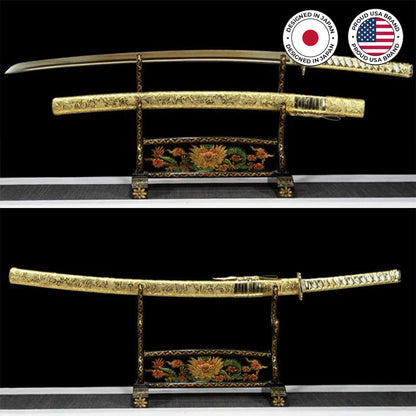 Golden Dragon katana with golden blade and dragon design, view 2