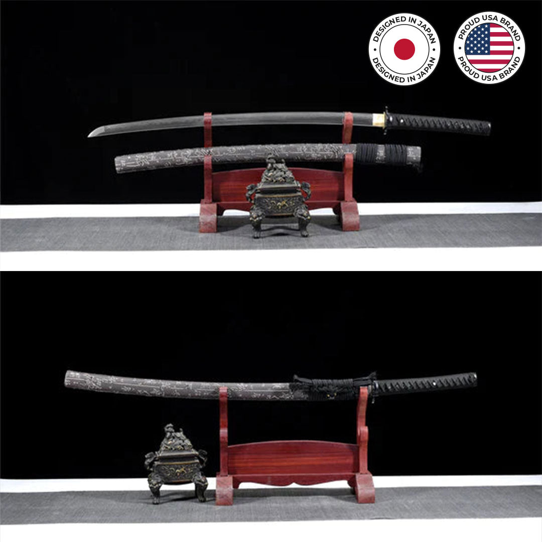 Ghost katana, hand-forged samurai sword with sculpted iron tsuba, view 2