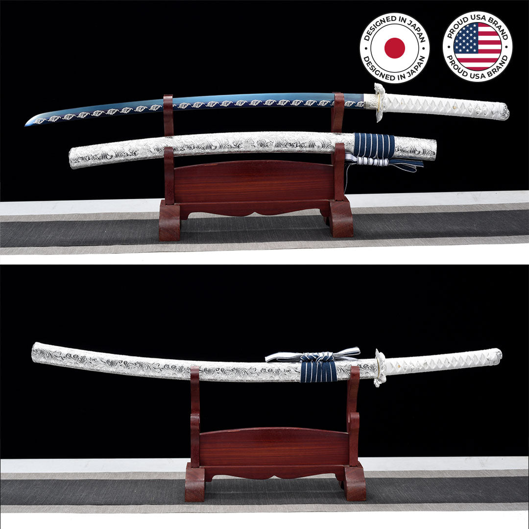Akizuki katana with blue blade, hand-forged samurai sword, view 2