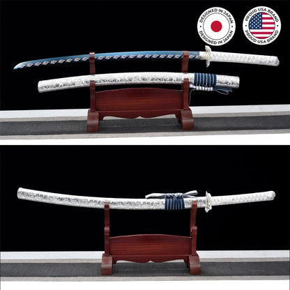 Akizuki katana with blue blade, hand-forged samurai sword, view 2
