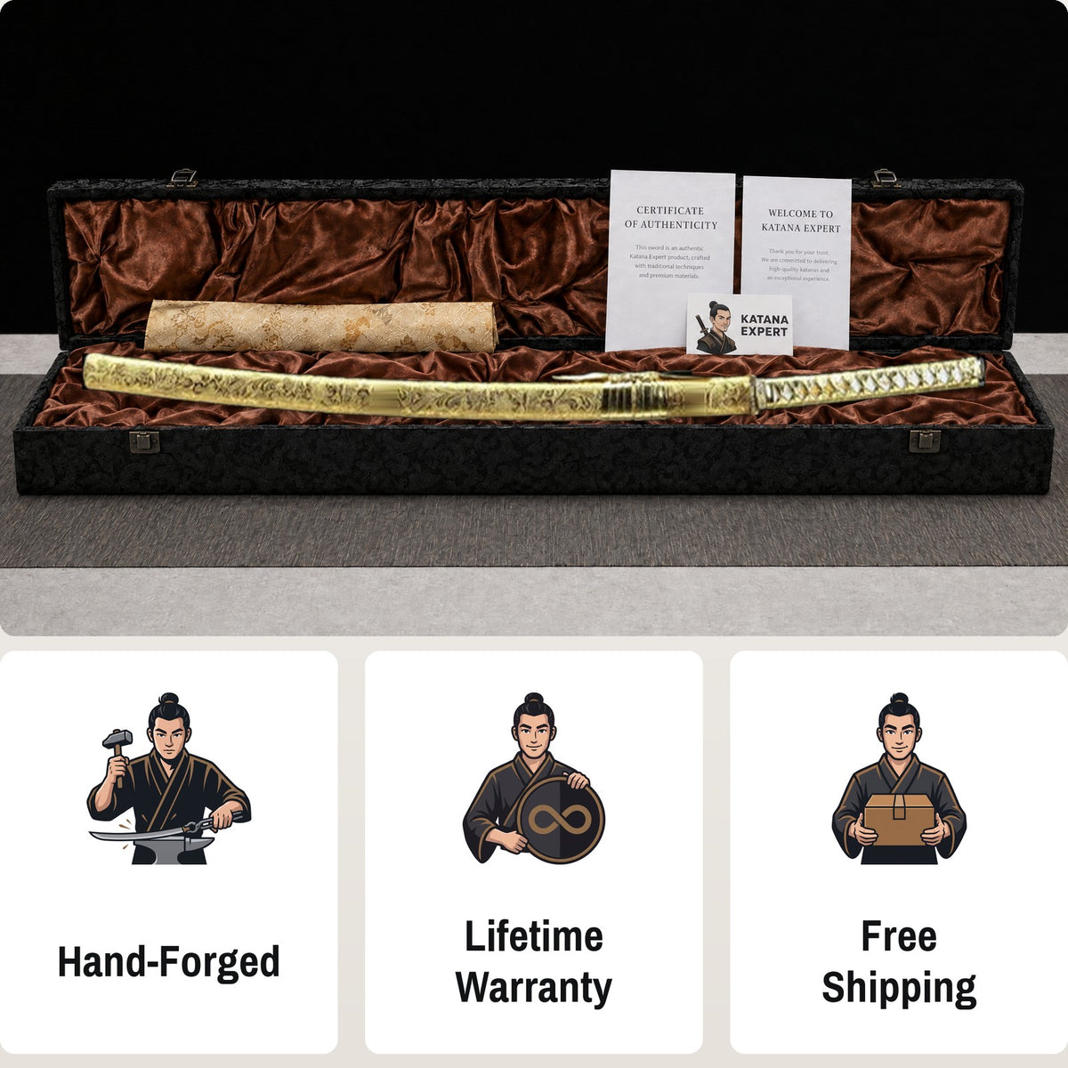 Golden Dragon katana with golden blade and dragon design, view 3