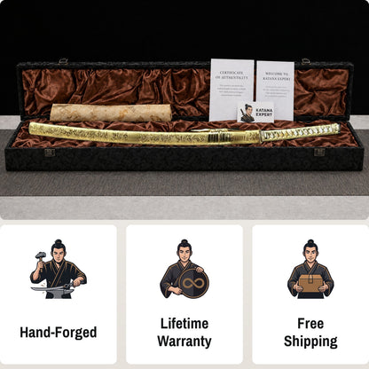 Golden Dragon katana with golden blade and dragon design, view 3