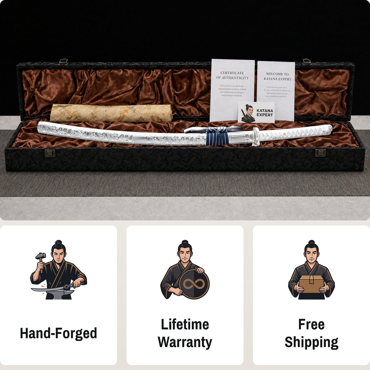 Akizuki katana with blue blade, hand-forged samurai sword, view 3