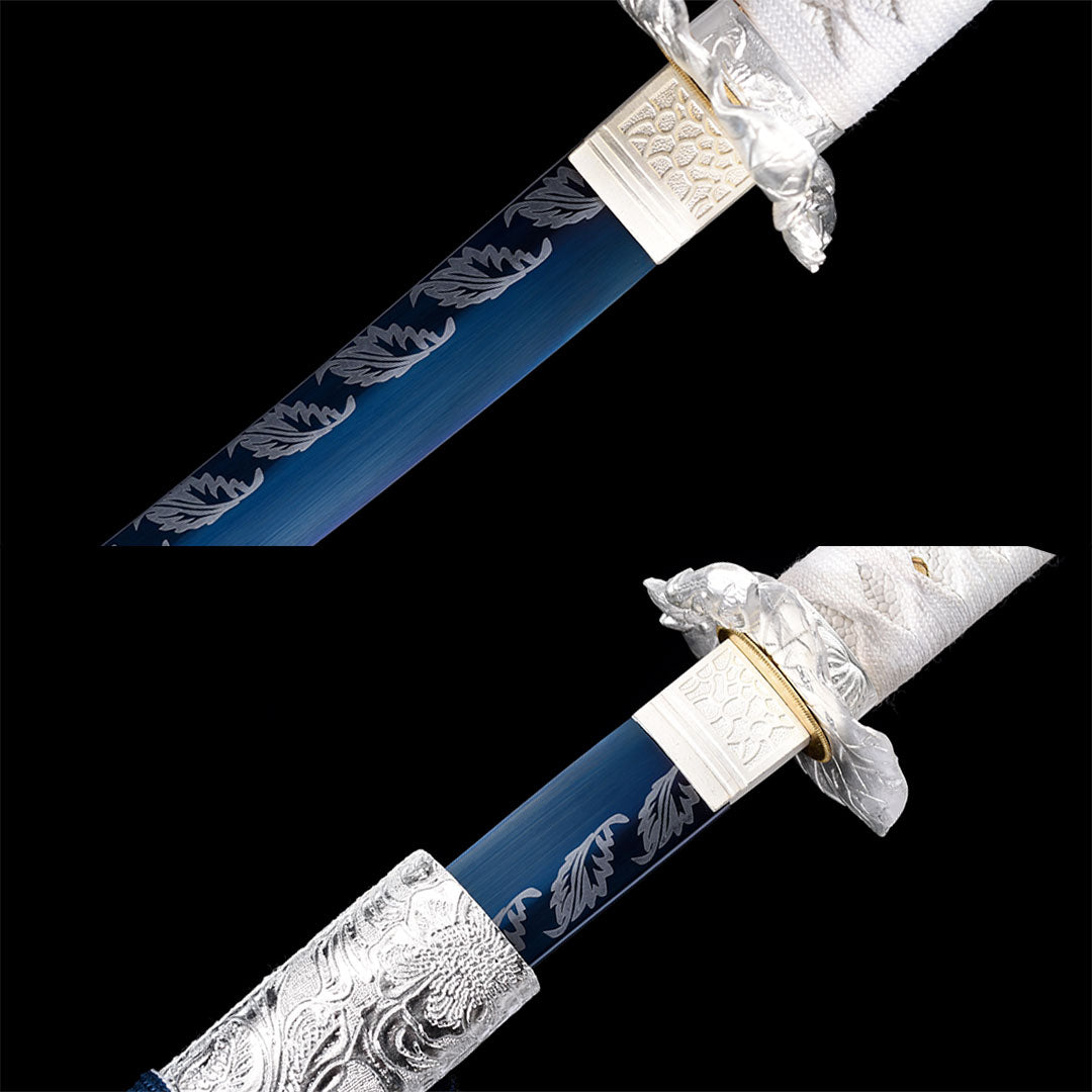 Akizuki katana with blue blade, hand-forged samurai sword, view 4