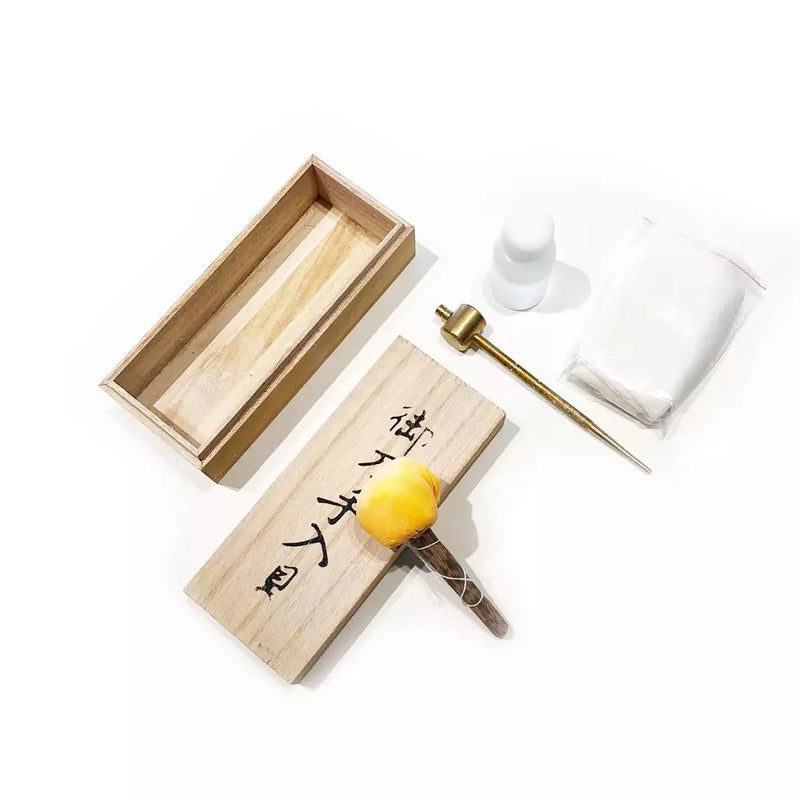 Katana cleaning kit with hammer, mekugi, whetstone and cloth