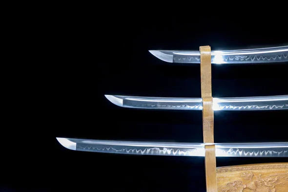 Rozuuddo katana, wakizashi and tanto set, T10 steel with hamon, view 3