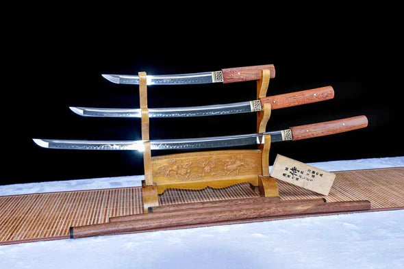 Rozuuddo katana, wakizashi and tanto set, T10 steel with hamon