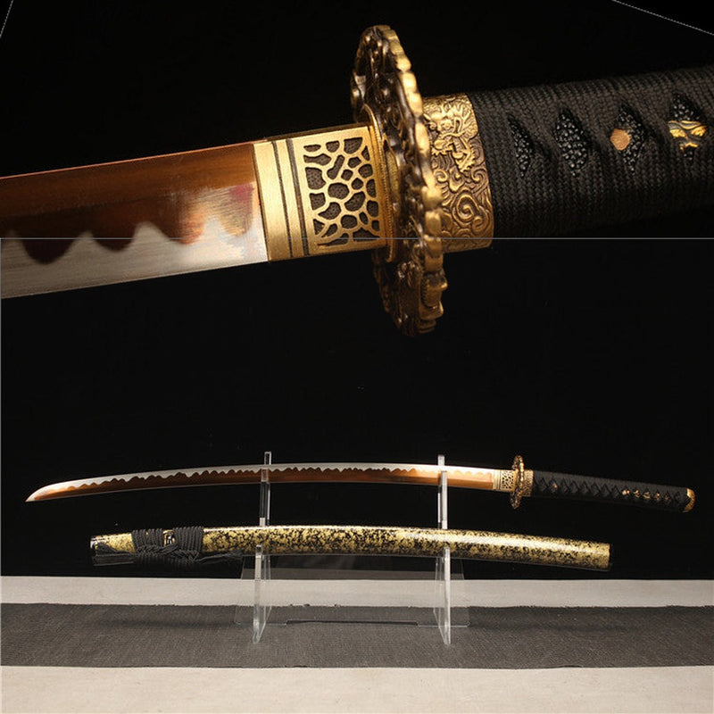 Ember Dragon Katana - copper-gold blade, carved brass tsuba, on stand