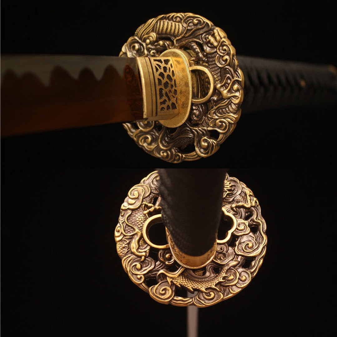 Ember Dragon Katana - carved brass tsuba, front and back