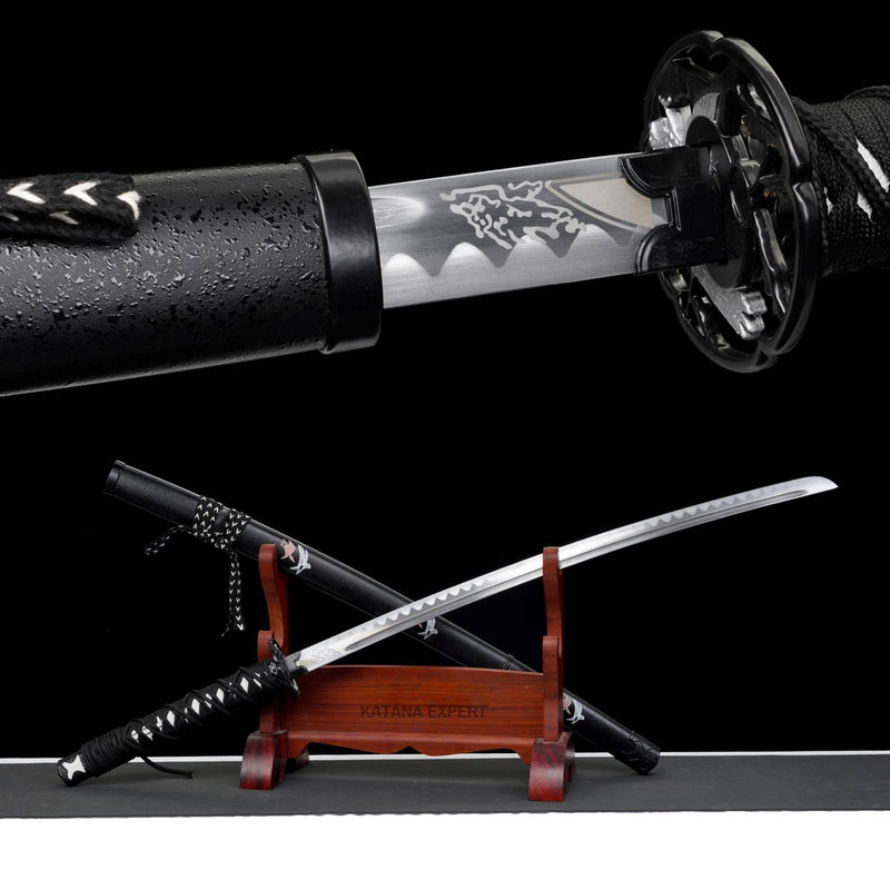 Falcon Claw Katana Ghost of Yotei, half drawn and crossed on its stand