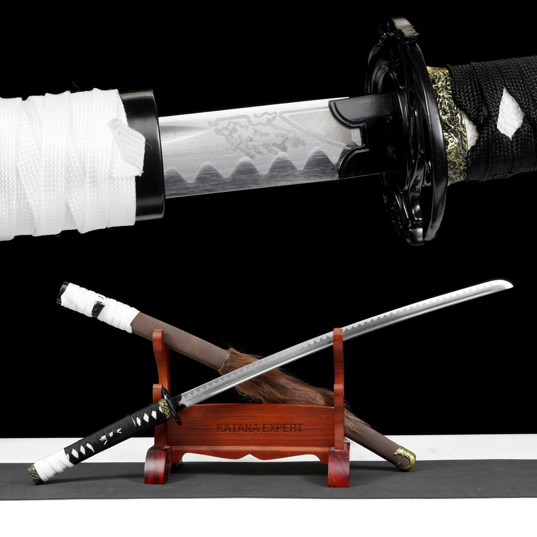 Lone Wolf Katana Ghost of Yotei, half drawn and crossed on its stand