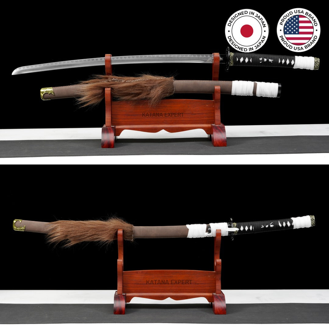 Lone Wolf Katana Ghost of Yotei on its display stand