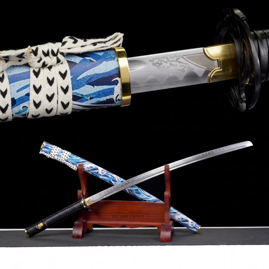 Raging Wave Katana Ghost of Yotei, half drawn and crossed on its stand
