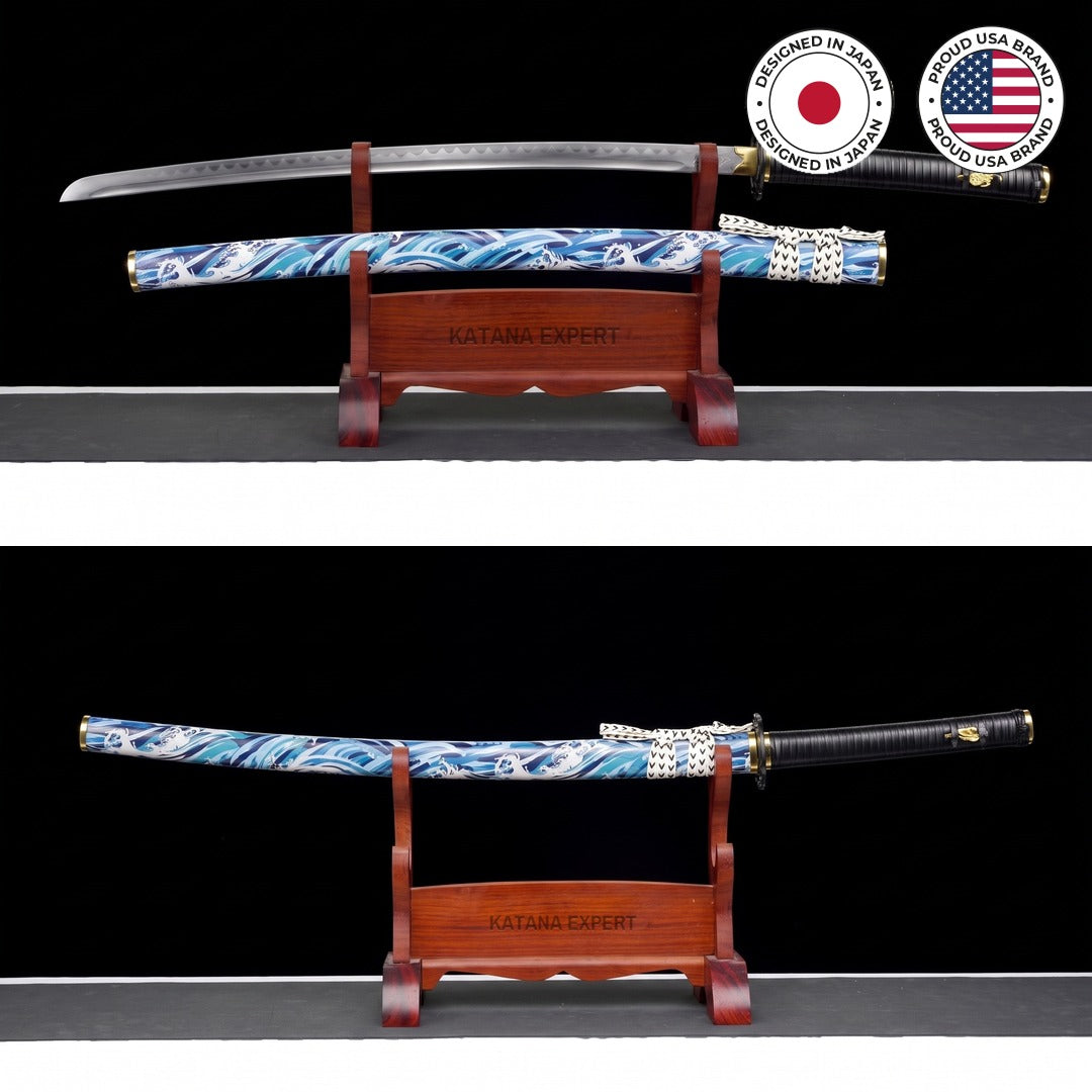 Raging Wave Katana Ghost of Yotei on its display stand