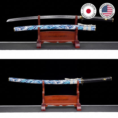 Raging Wave Katana Ghost of Yotei on its display stand